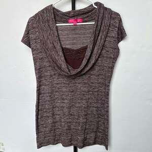 Almost Famous Womens XL Marled Brown Cowl Neck Tunic Knit Top Lace Trim